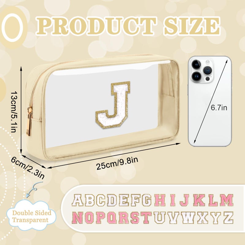 Iqimott Small Clear Personalized Initial Makeup Bag Nylon Preppy A-Z Chenille Letter Patch Cosmetic Pouch Beach Toiletry Bag Waterproof Zipper Travel Purse Storage Bag Organizer for Women Girls(Beige-White J) - Image 2